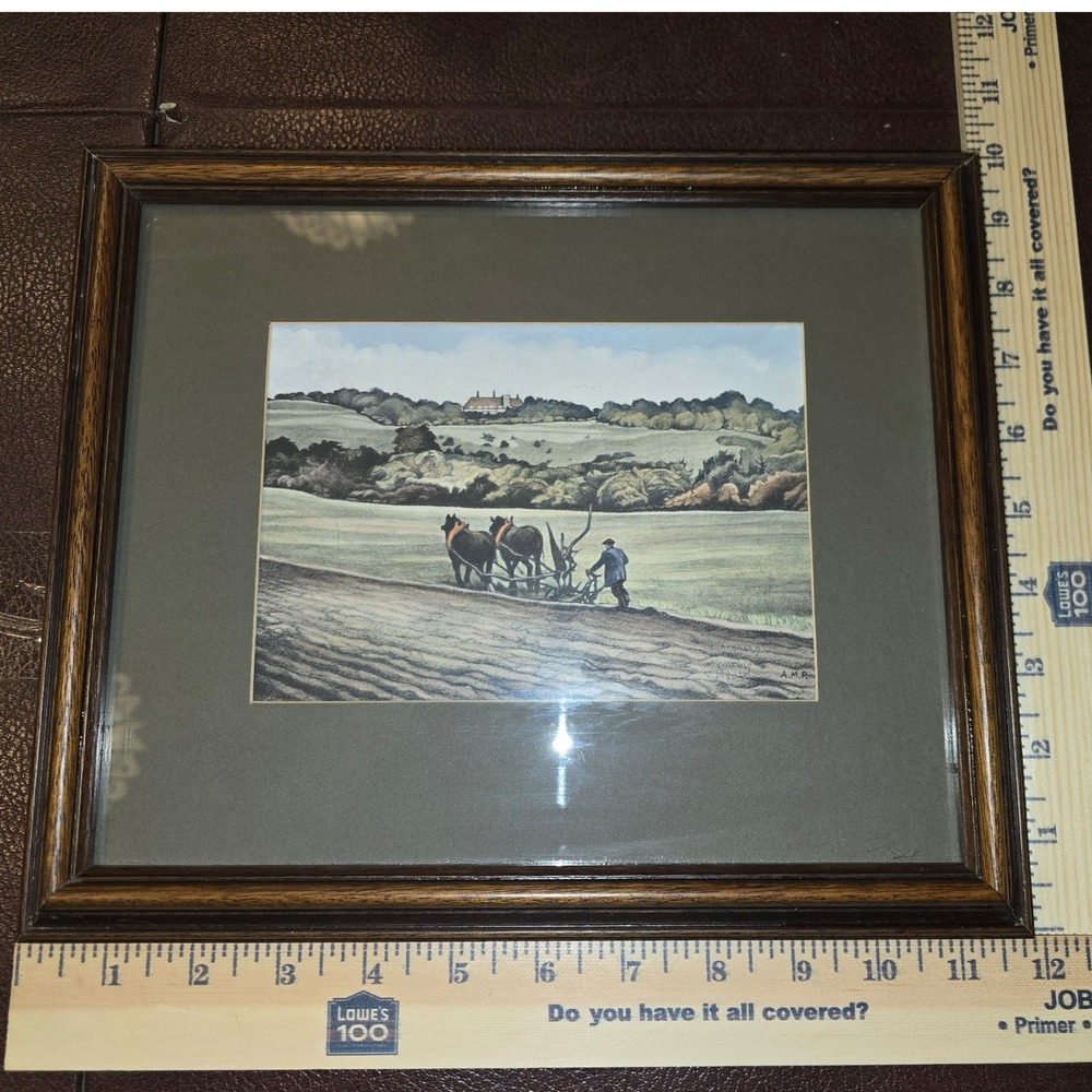 A. M. Parkin Ploughing Kemsing Hand Colored Print 1930s‎ Framed Rural Art Kent